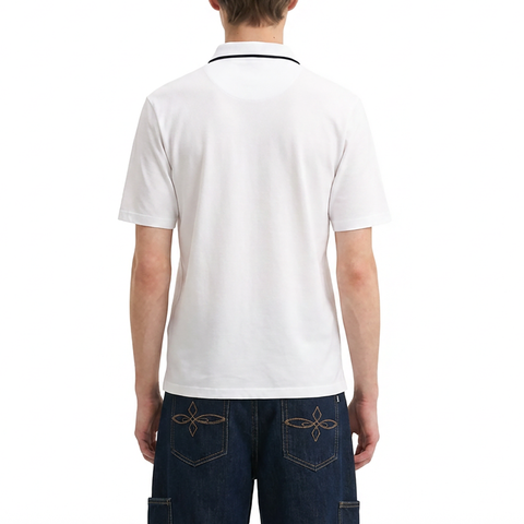 A male model wearing the Smith's 1906 MPO01 White Polo is showing the back.