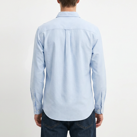 A male model wearing the Smith's 1906 MSR02 Light Blue Shirt is showing the back.