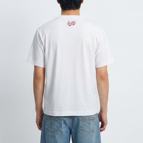 A male model wearing the Smith's 1906 MTE05A White T-Shirt with New York Graphic is showing the back.