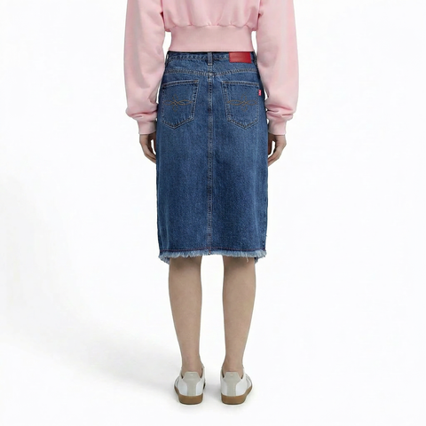 A female model wearing the Smith's 1906 WSK01 Blue Denim Skirt is showing the back.
