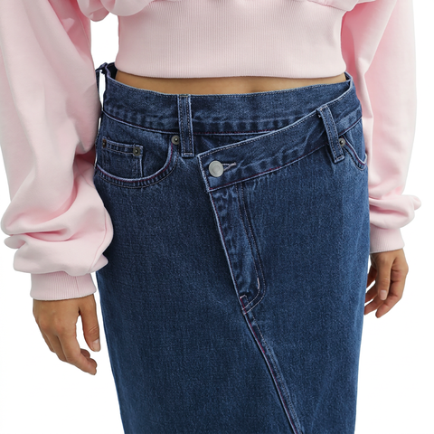 A close-up view of a female model wearing the Smith's 1906 WSK01 Blue Denim Skirt.