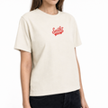 A close-up view of a female model wearing the Smith's 1906 WTE03 Beige T-shirt.