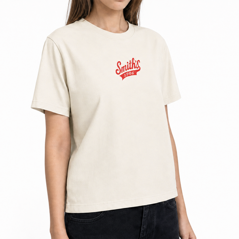 A close-up view of a female model wearing the Smith's 1906 WTE03 Beige T-shirt.