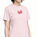 A close-up view of a female model wearing the Smith's 1906 WTE03 Light Pink T-shirt.