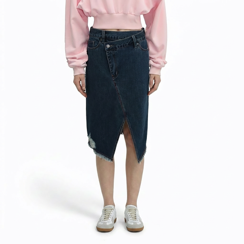A female model wearing the Smith's 1906 WSK01 Navy Denim Skirt is showing the front.