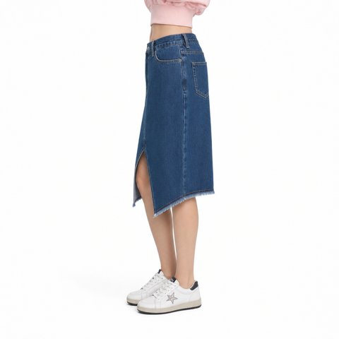 A female model wearing the Smith's 1906 WSK01 Blue Denim Skirt is showing the side view.