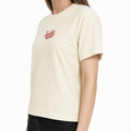A female model wearing the Smith's 1906 WTE03 Beige T-shirt is showing the side view.
